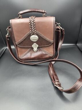 Braided Trim Brown Leather Satchel Crossbody